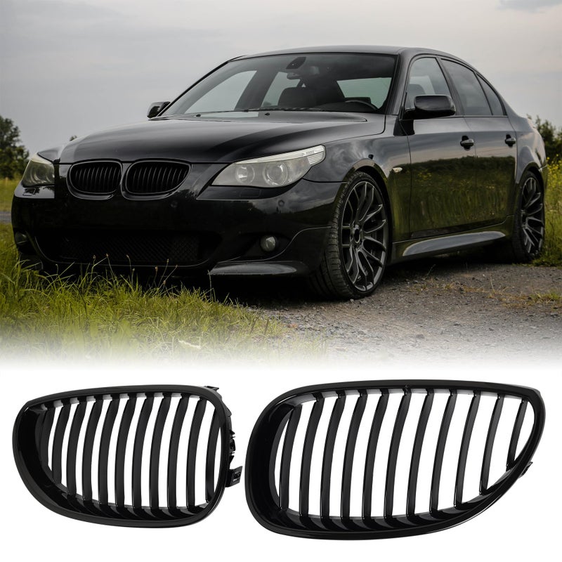 BILLDIO E60 Grille - Black Kidney Single slats Grill Compatible With BMW 5 Series E60 E61 2003-2009 520i 523i 525i 528i 530i 535i 550i ABS Gloss Black Kidney Grill - Image 1